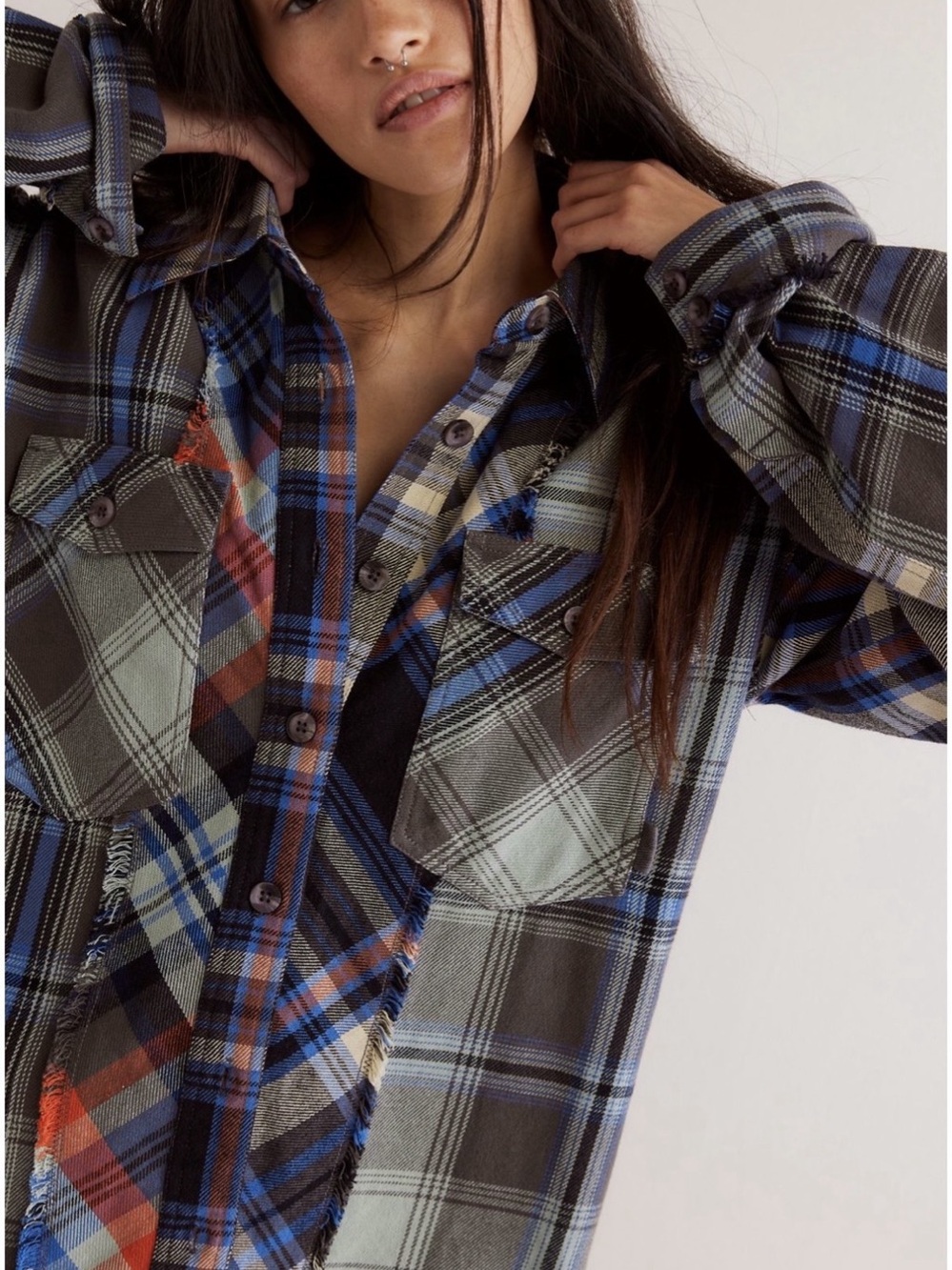 Free People We The Free Patched Up Plaid Flannel Shirt Jacket Blue & Brown Sz S